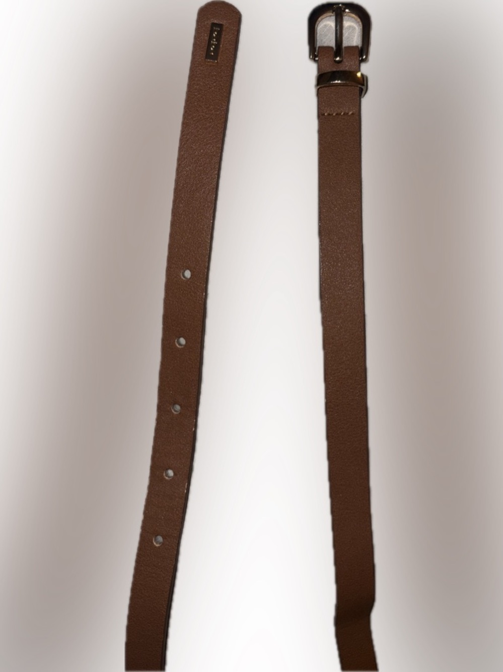 BEBE Brown Thin Leather Belt with Gold Buckle & Gold Bebe Emblem